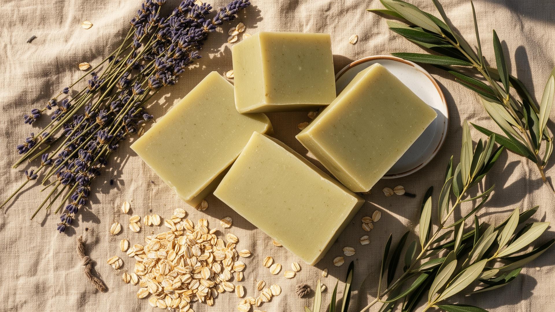 Handmade soap bars with lavender, oats and olive branches